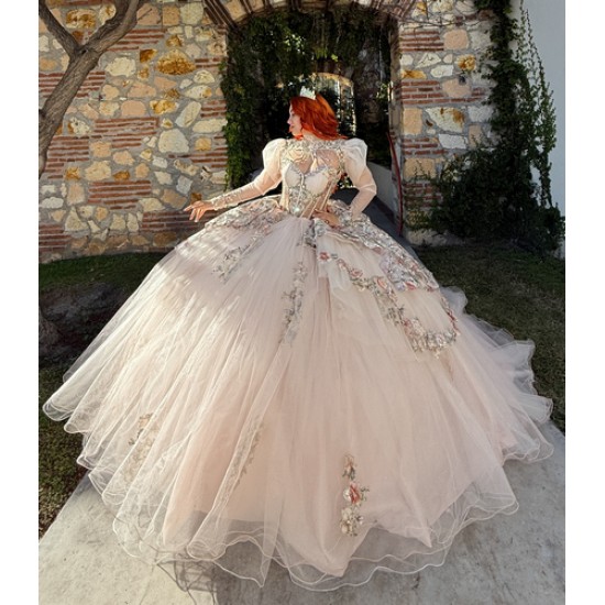 Luxury Long Sleeve Champagne Quinceanera Dresses for Girls High Neck Lace Up Vestidos De 15 Anos